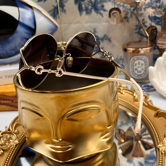 🆕 GUCCI 🧿 NWOT GG1017 Light Gold Metal Rimmed Round Sunglasses Brown Gradient - Picture 16 of 16